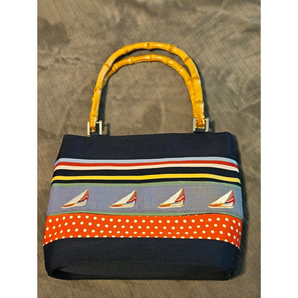 Nautical Canvas Sailboat Handbag with Bamboo Handles Navy Blue Striped Polka Dot